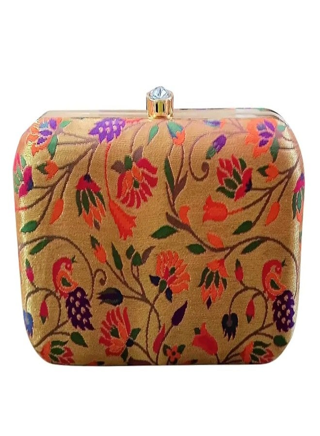 Firstdemand Paithani hand Clutch Purse with Chain Sling - Ethnic & Traditional Woven from Semi Paithani Silk - Box shaped Magnetic snap Box Purse (Golden Paithani Clutch) - Image 2